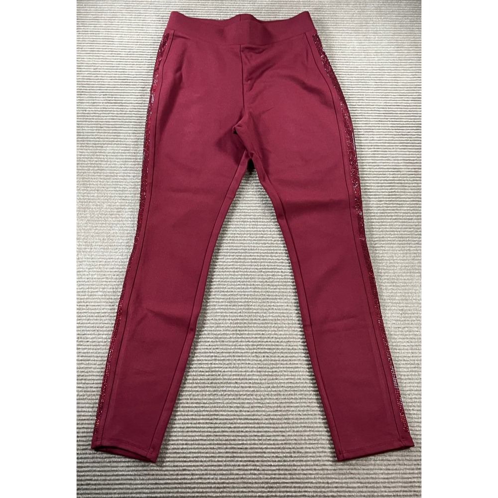Magaschoni‎ Womens Oxblood Rhinestone Side Stripe Leggings Viscose Blend S NWT